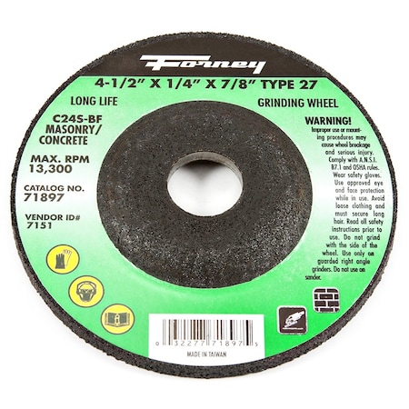 Forney Grinding Wheel, Masonry, Type 27, 4-1/2 in x 1/4 in x 7/8 in 71897